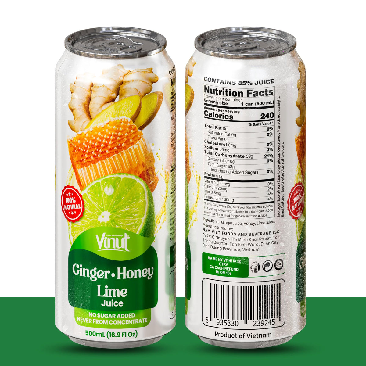 VINUT Ginger Honey Lime Juice can back label with 85% juice and no added sugar