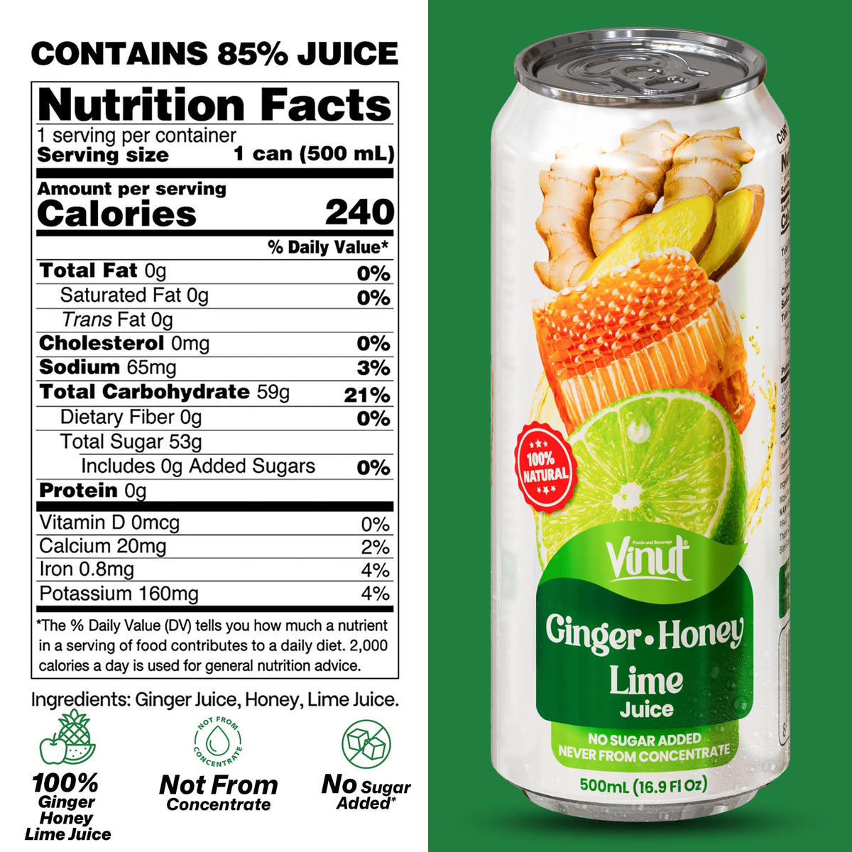 VINUT honey drizzle over juice bottle conveys smooth sweetness