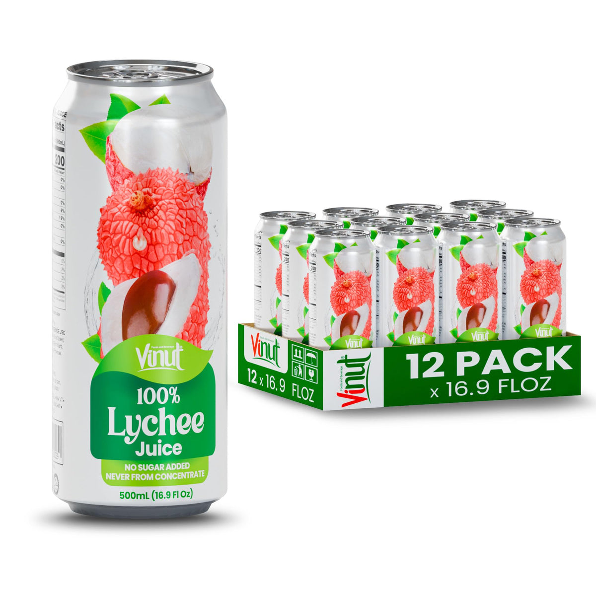 VINUT Lychee Juice can front view highlighting authentic lychee flavor for a refreshing moment