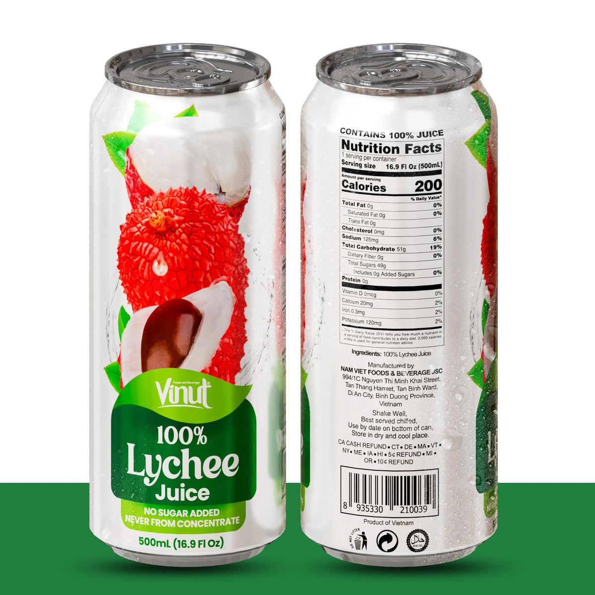 VINUT Lychee Juice can side view emphasizes no added sugar for a clean taste