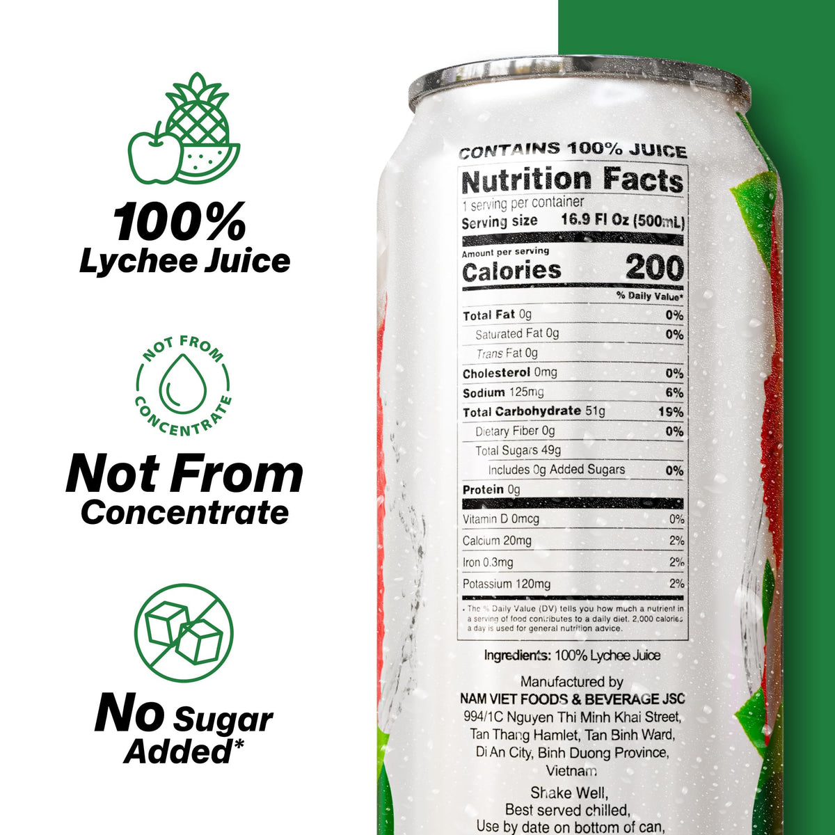 VINUT Lychee Juice label closeup confirms 100% lychee juice, not from concentrate