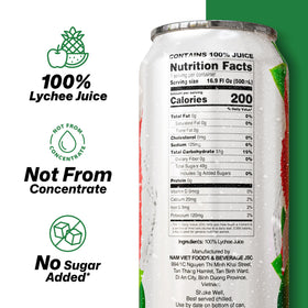 VINUT Lychee Juice label closeup confirms 100% lychee juice, not from concentrate