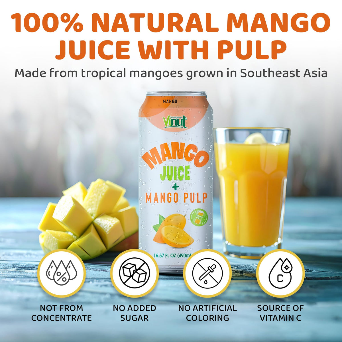 VINUT mango juice with pulp close-up on label—gluten free and non-GMO.