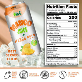 VINUT mango juice with pulp being poured into a glass on ice.