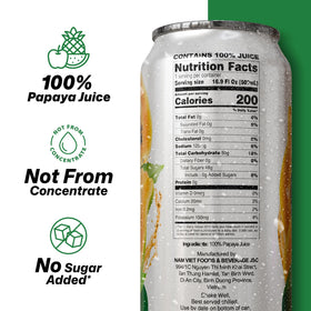 VINUT papaya juice label closeup showing 100% juice and no added sugar.