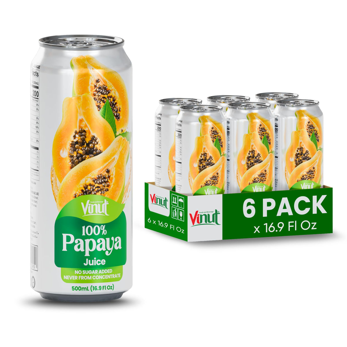 VINUT papaya juice nutrition panel closeup, highlights 100% papaya and packaging.