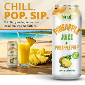 VINUT pineapple juice label closeup confirms organic and GMO-free ingredients.