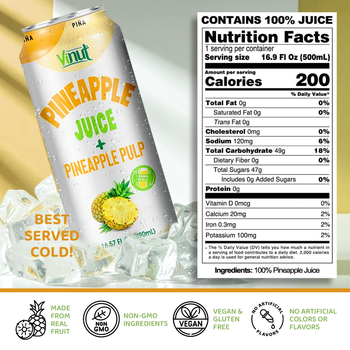 VINUT pineapple juice pour closeup highlights natural pulp texture for smoothies.