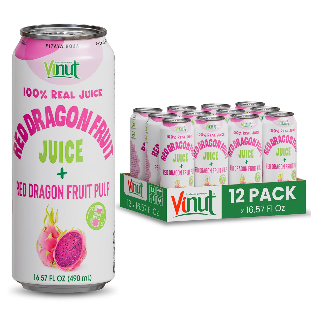 VINUT red dragon fruit juice with pulp in a can, ready to enjoy.