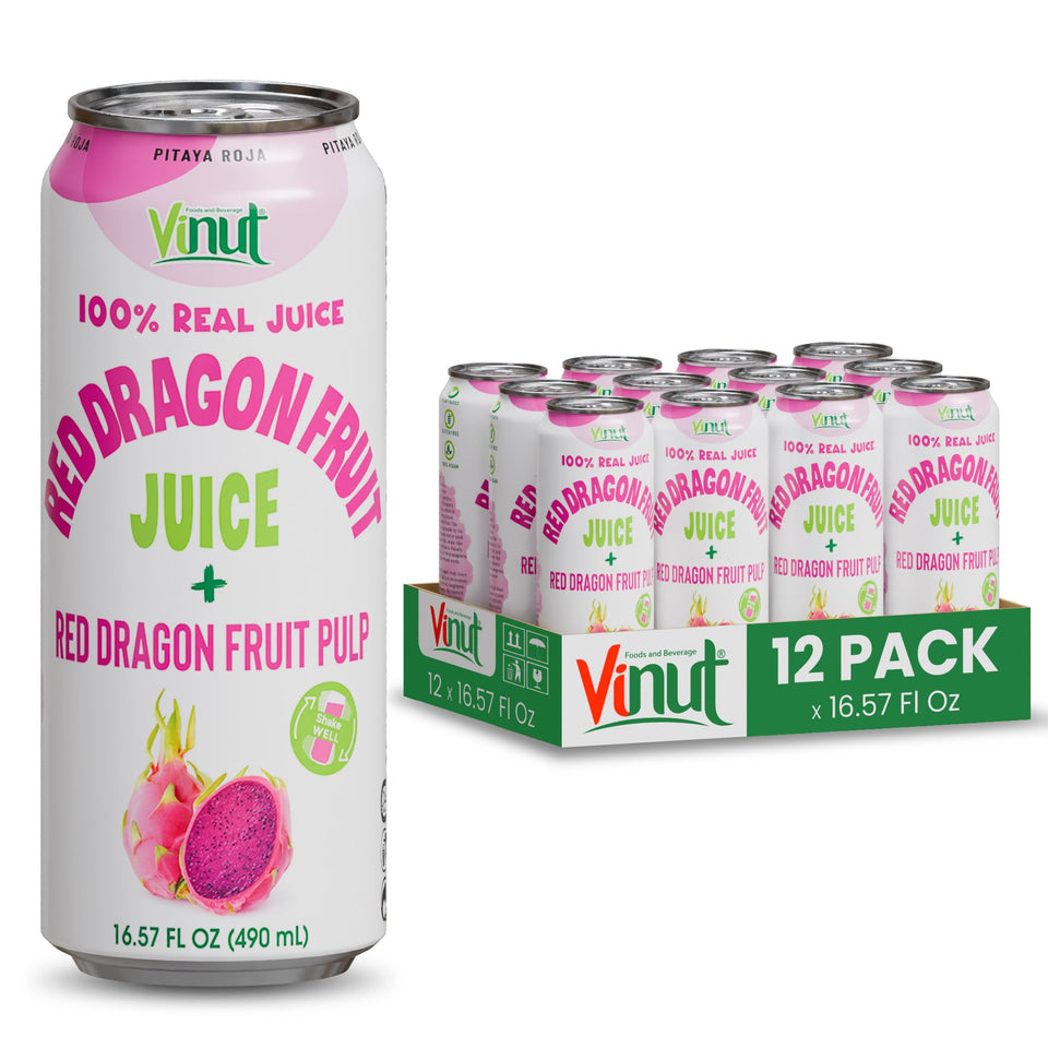 VINUT red dragon fruit juice with pulp in a can, ready to enjoy.