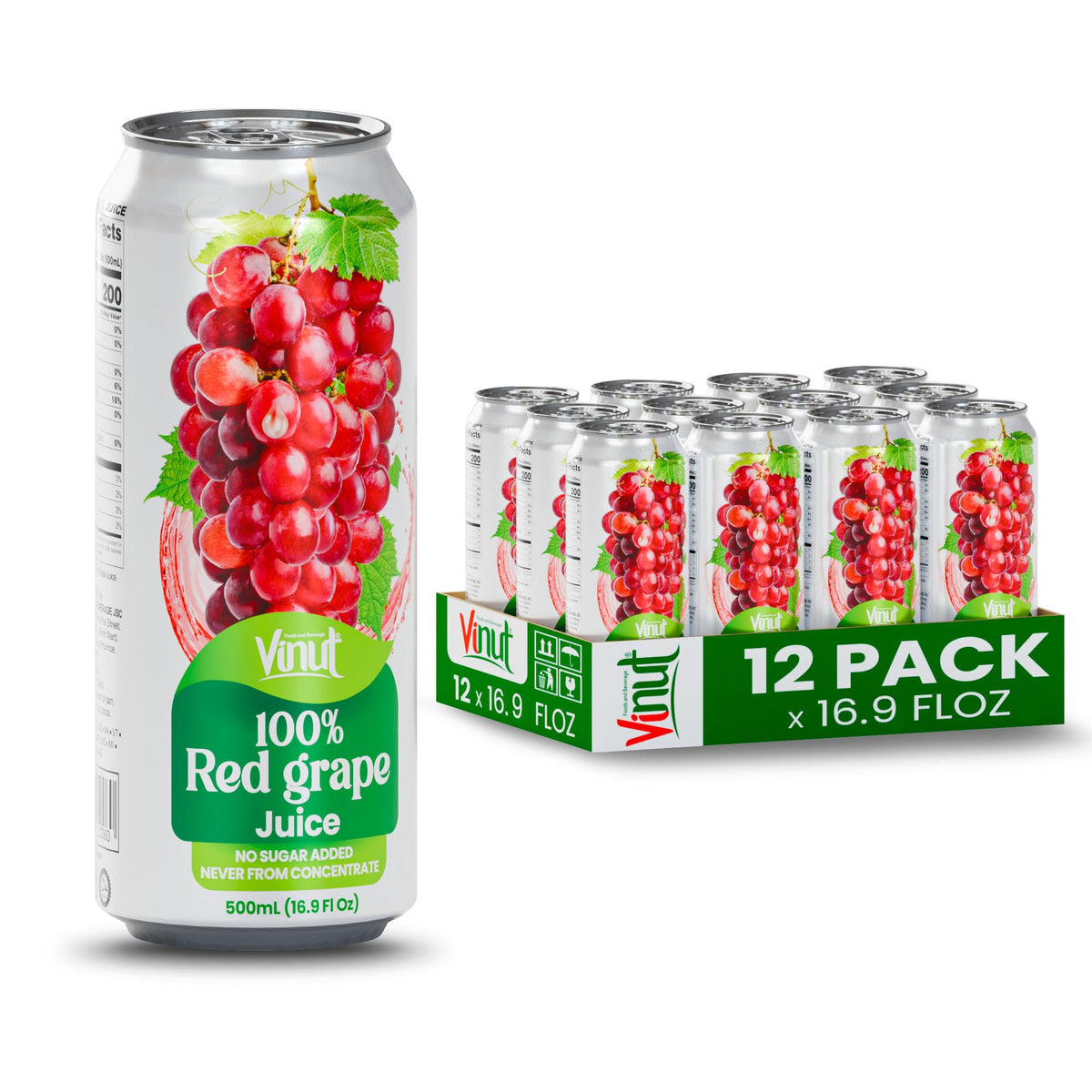 VINUT 100% red grape juice can front view highlighting pure flavor and convenience.