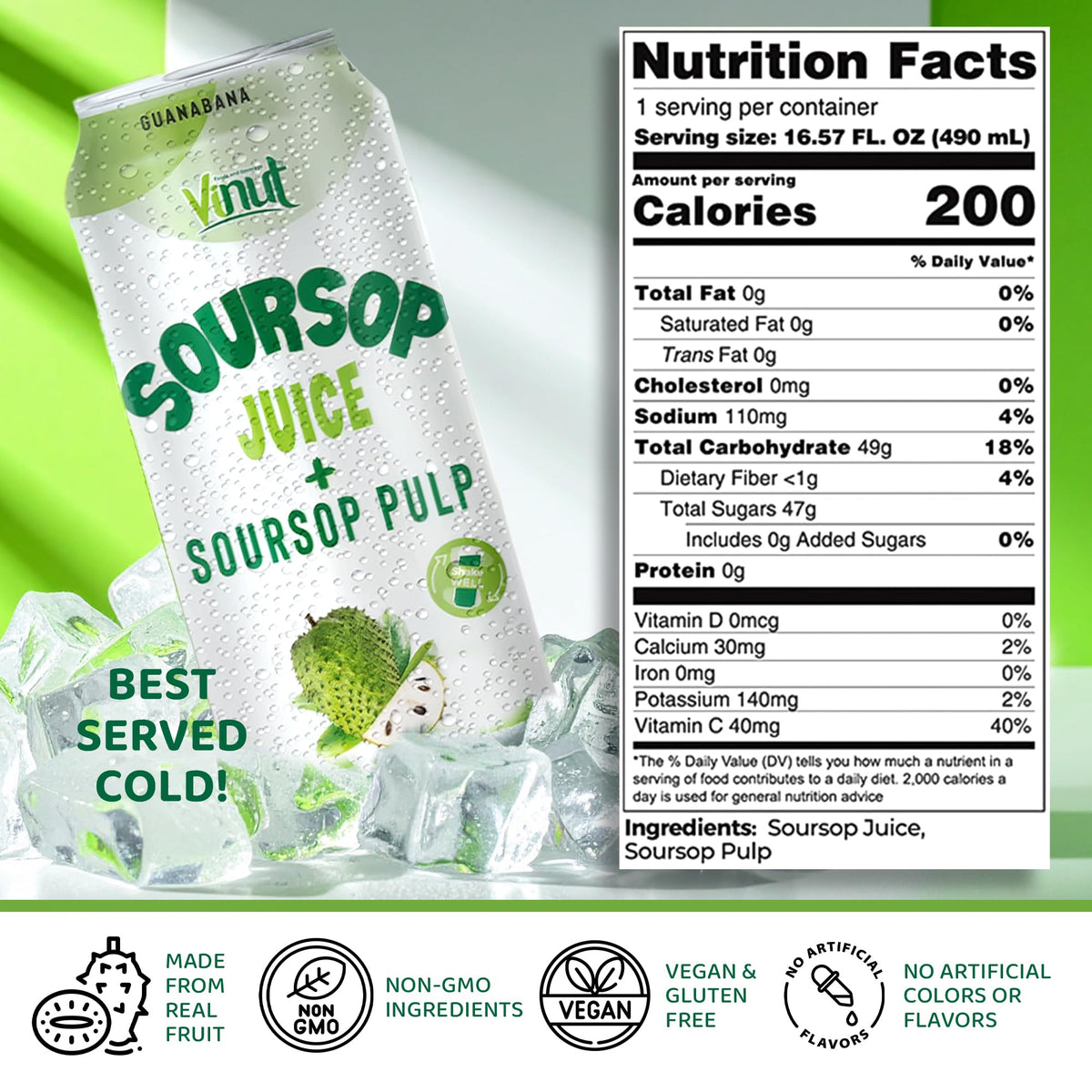 VINUT soursop juice bottle front shows Not From Concentrate quality.