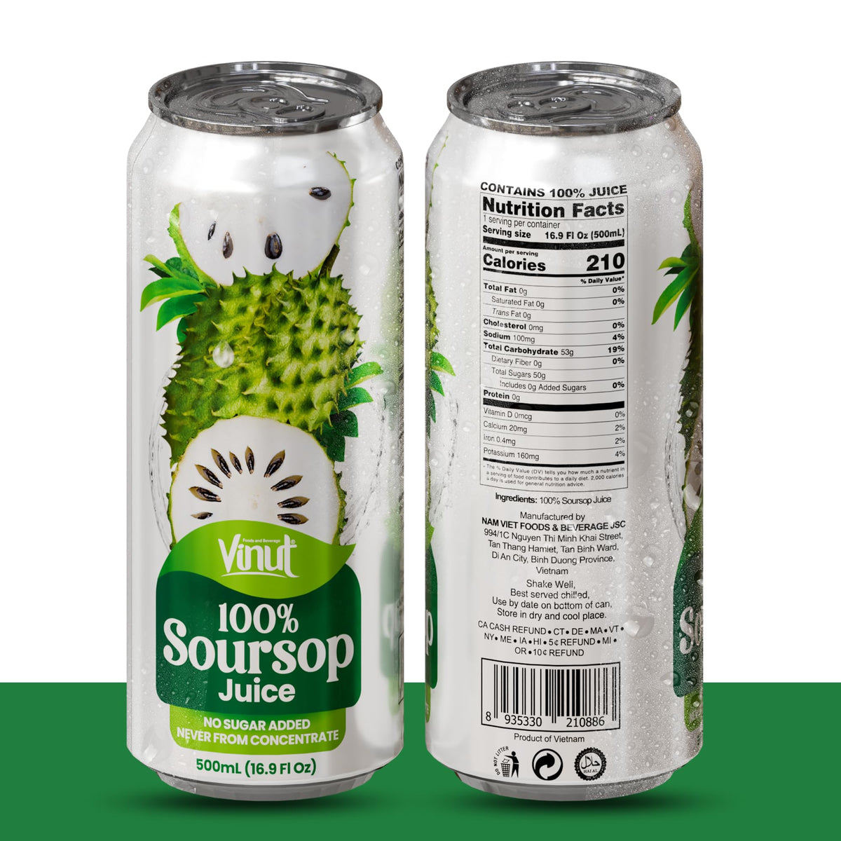 VINUT soursop juice can side view showing packaging and sugar-free claim