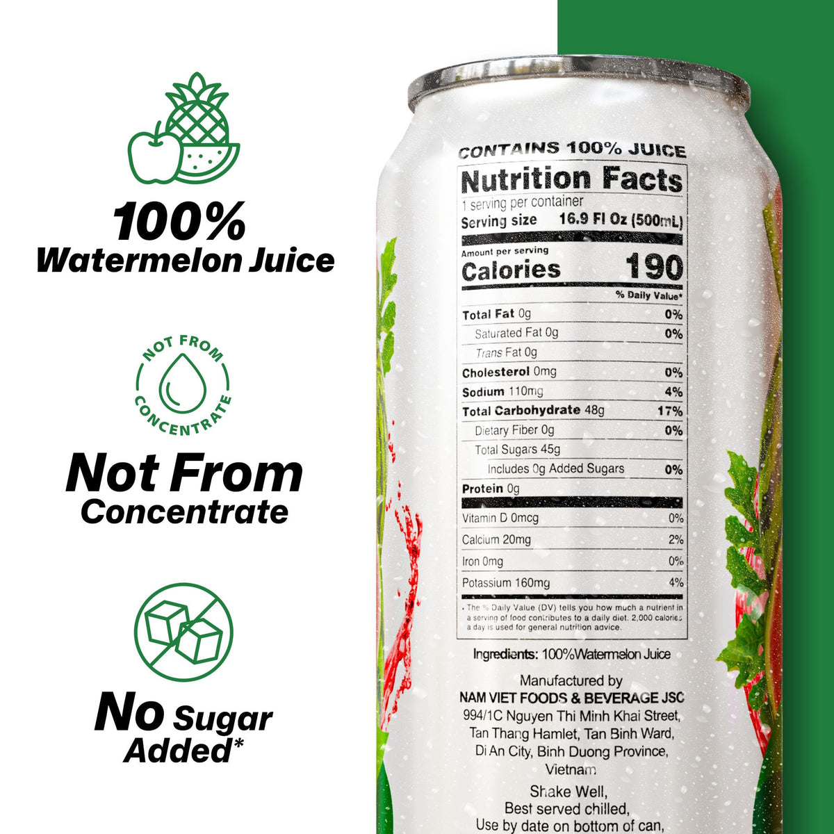 VINUT watermelon juice label highlights 100% juice and no added sugar