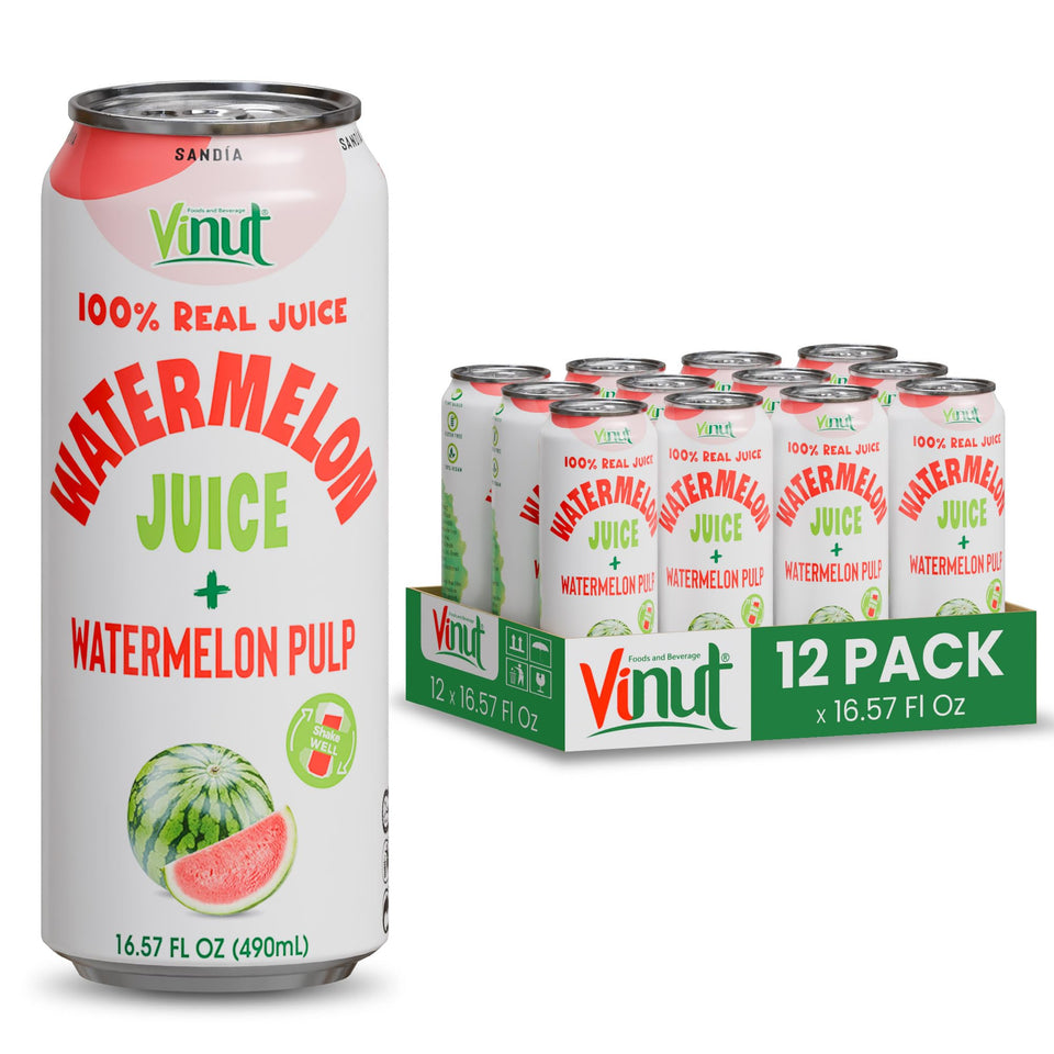 VINUT Watermelon Juice bottle showing 100% juice and no added sugar.