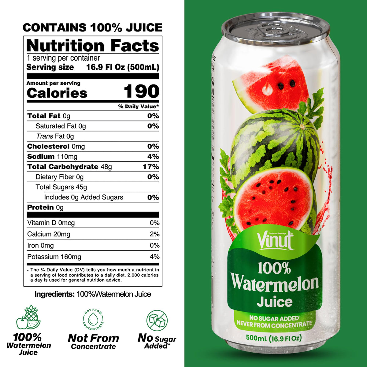 VINUT watermelon juice served chilled beside a frosty glass