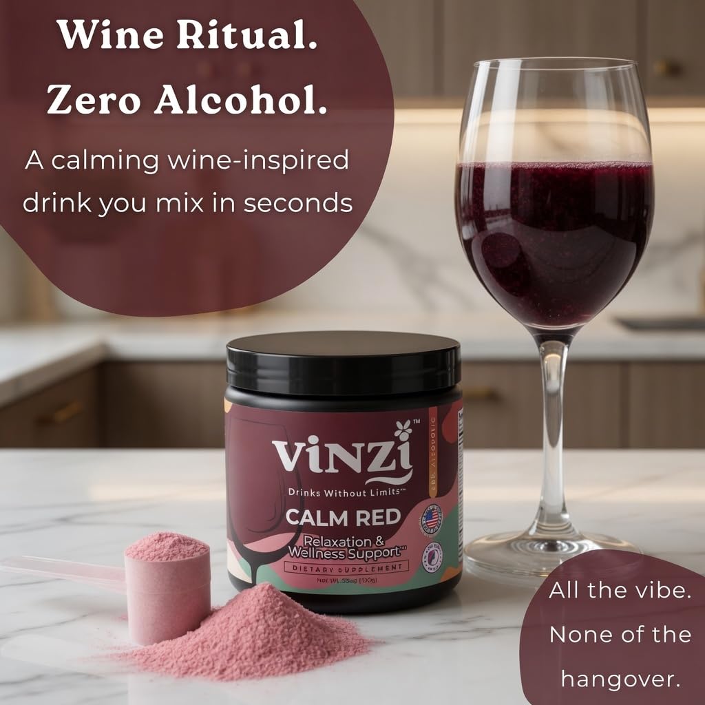 Vinzi bottle featuring ashwagandha and L-theanine ingredients for mindful sipping.