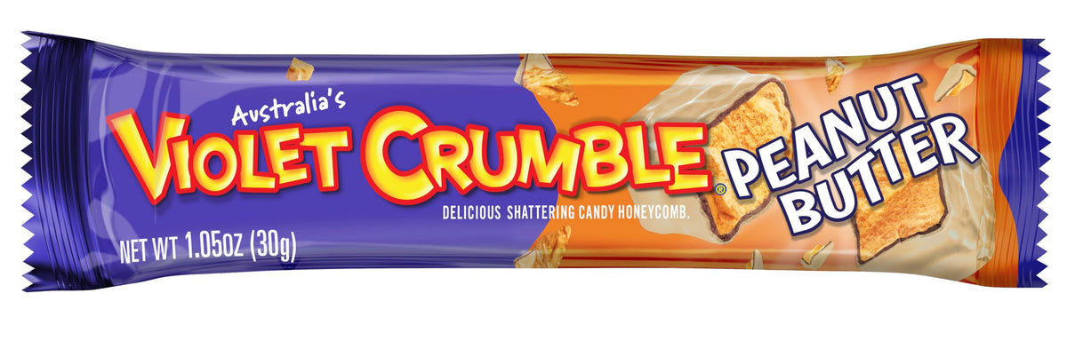 Violet Crumble chocolate-coated bar with peanut butter layer for indulgent moments.