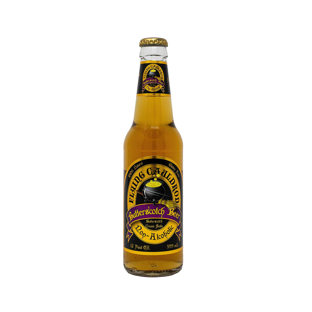 Virgil's Flying Cauldron Butterscotch Beer bottle on a wooden surface, family-friendly refreshment