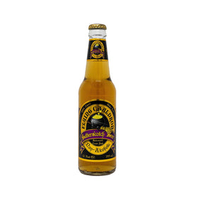 Virgil's Flying Cauldron Butterscotch Beer bottle on a wooden surface, family-friendly refreshment