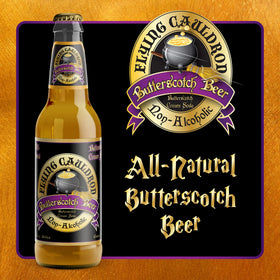 Pour of Virgil's Flying Cauldron Butterscotch Beer showing creamy, fizzy texture