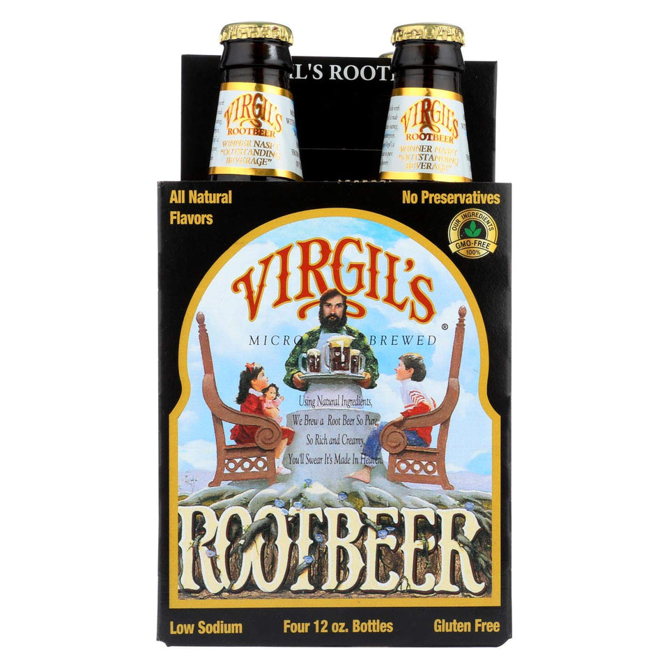 Virgil's Soda Root Beer 4pk front view with classic label and packaging