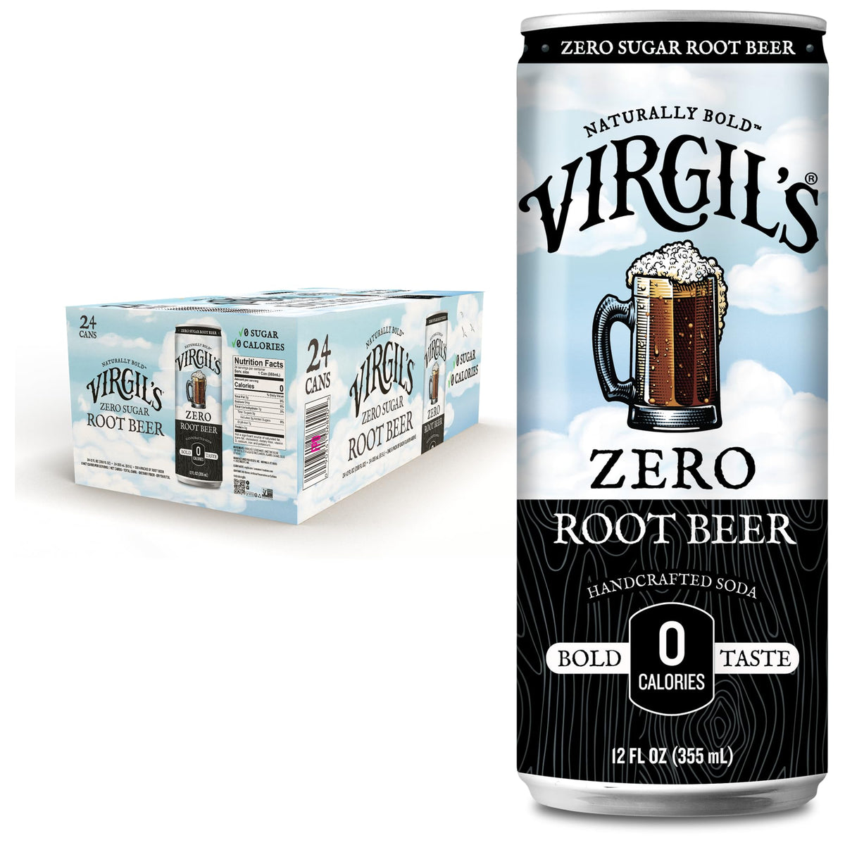 Virgil's Zero Sugar Root Beer can close-up showing rich color and creamy foam.