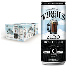 Virgil's Zero Sugar Root Beer can close-up showing rich color and creamy foam.