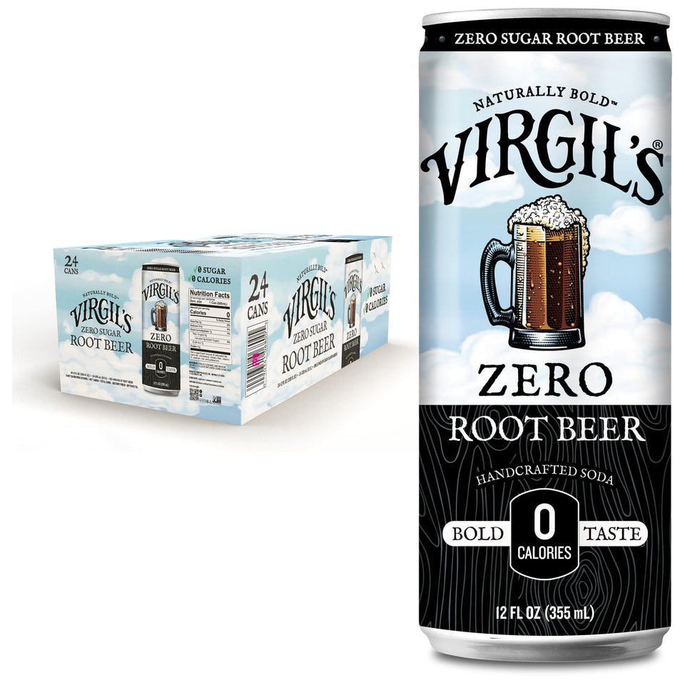 Virgil's Zero Sugar Root Beer can close-up showing rich color and creamy foam.