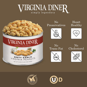 Close-up of blister-roasted Virginia Diner peanuts with bold garlic seasoning and crunch.