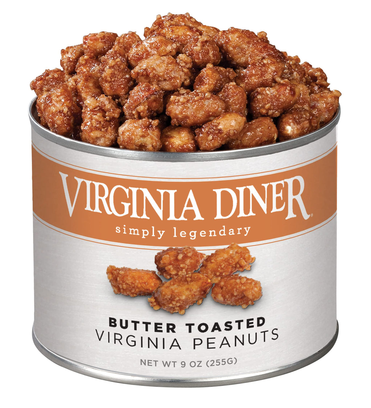 Virginia Diner butter-toasted peanuts in tin, savory and sweet snack on the go.