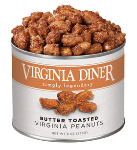 Virginia Diner butter-toasted peanuts in tin, savory and sweet snack on the go.