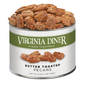 Virginia Diner Butter Toasted Pecans in tin, premium Georgia mammoth pecans, ideal for gifting and snacking.
