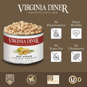 Virginia Diner dill pickle peanuts with dill seasoning for tangy crunch.