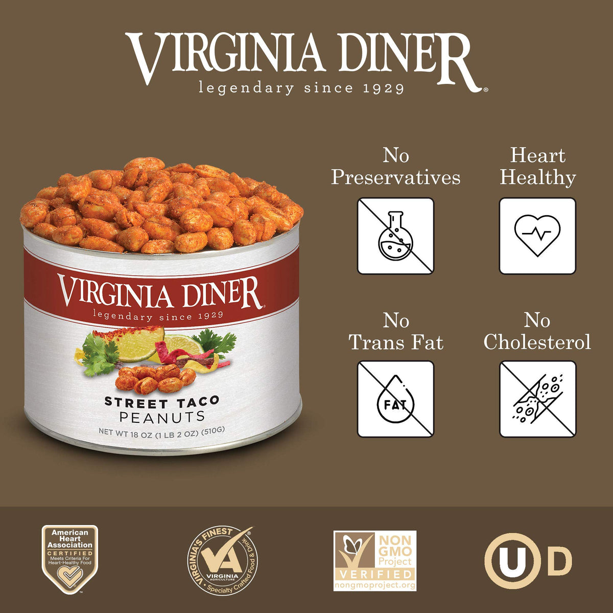 Virginia Diner gift packaging highlights premium tin and thoughtful snacking option.