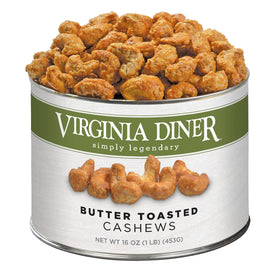 Virginia Diner gourmet cashews in a tin, rich buttery glaze delivering snackable crunch.
