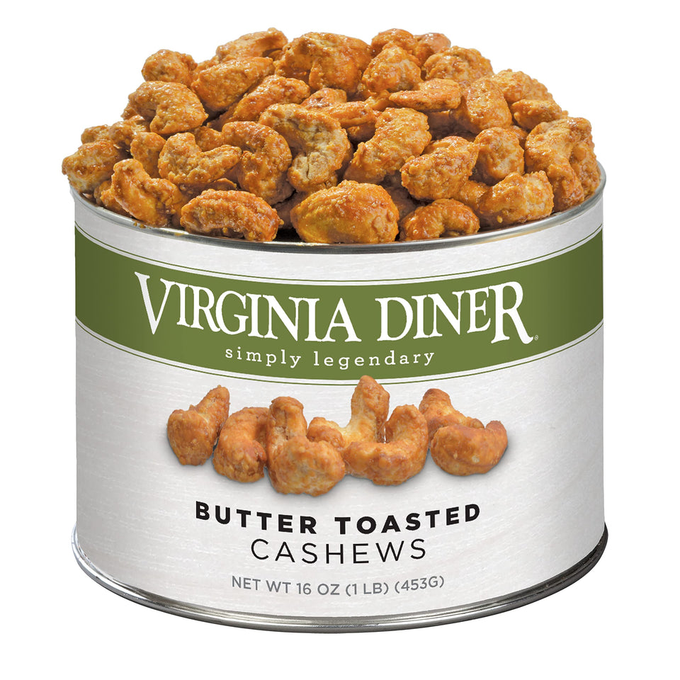 Virginia Diner gourmet cashews in a tin, rich buttery glaze delivering snackable crunch.