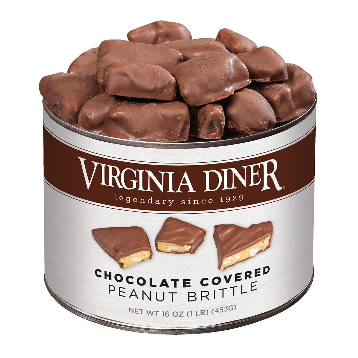 Virginia Diner gourmet chocolate-covered peanut brittle in a keepsake tin, ideal for gifting.