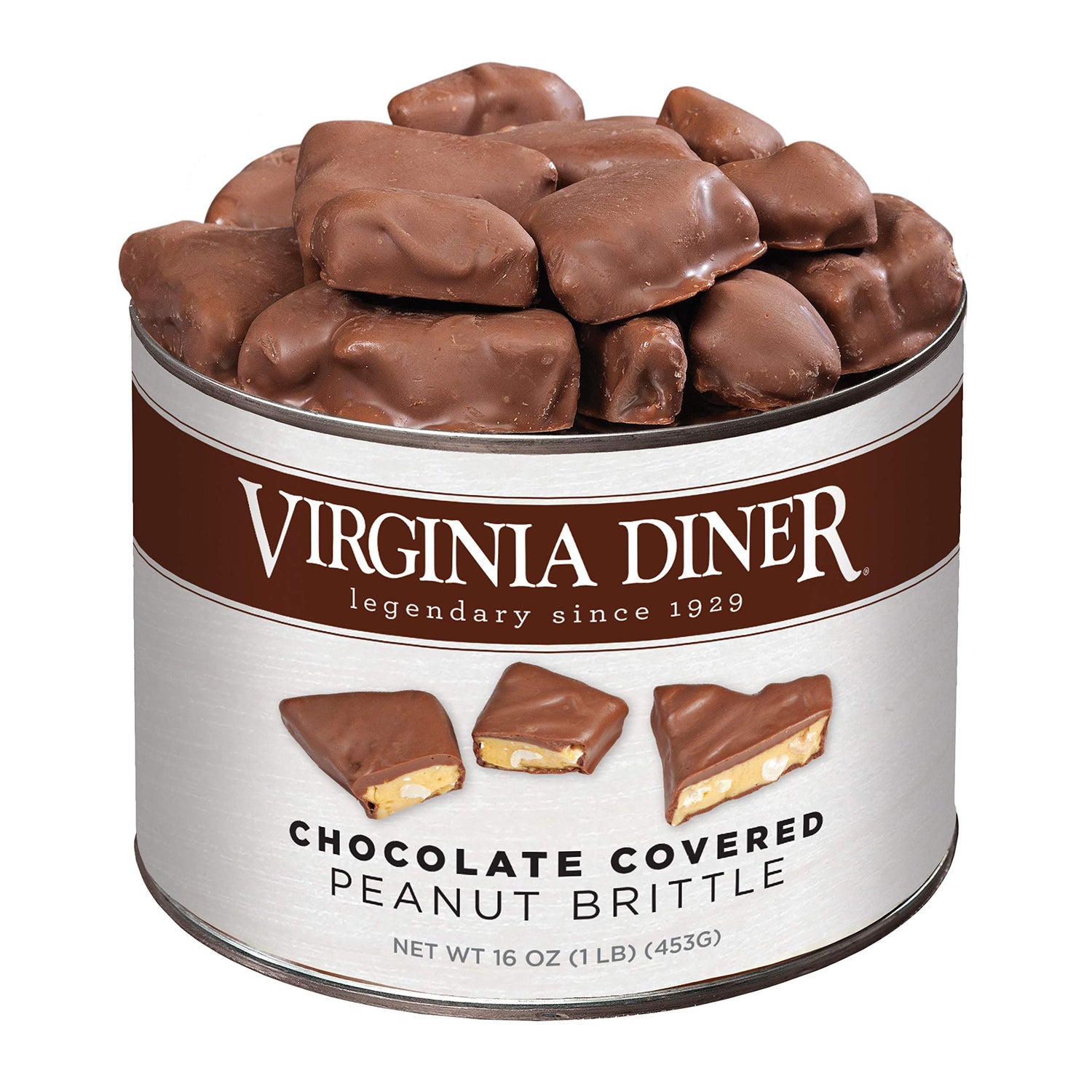 Virginia Diner gourmet chocolate-covered peanut brittle in a keepsake tin, ideal for gifting.
