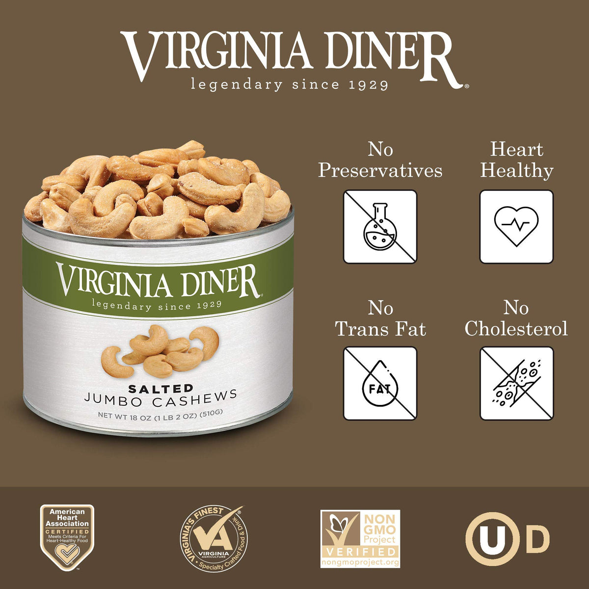 Virginia Diner Gourmet Natural Cashews tin shows gift-ready packaging.