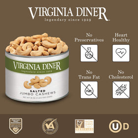 Virginia Diner Gourmet Natural Cashews tin shows gift-ready packaging.