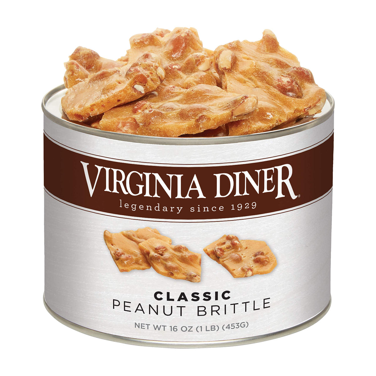 Virginia Diner Gourmet Natural Classic Peanut Brittle close-up shows buttery caramel coating and Virginia peanuts
