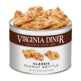 Virginia Diner Gourmet Natural Classic Peanut Brittle close-up shows buttery caramel coating and Virginia peanuts