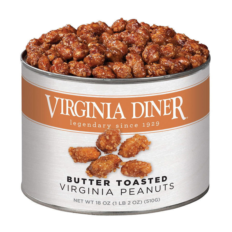 Virginia Diner gourmet natural extra-large peanuts in a tin for premium snacking.