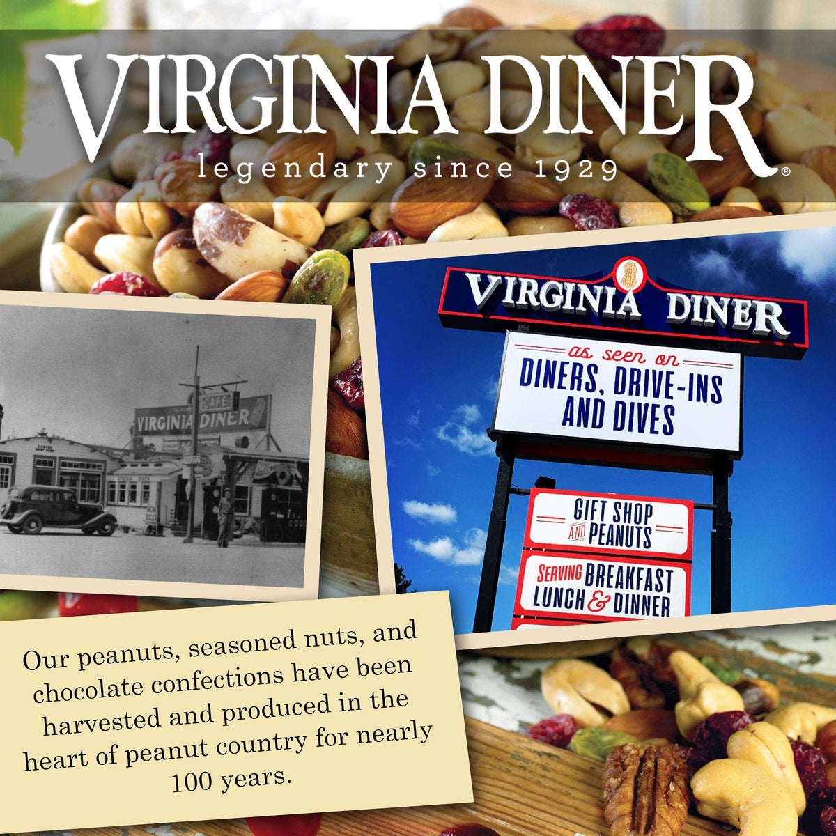 Virginia Diner heritage tin packaging showcases premium treats and tradition.