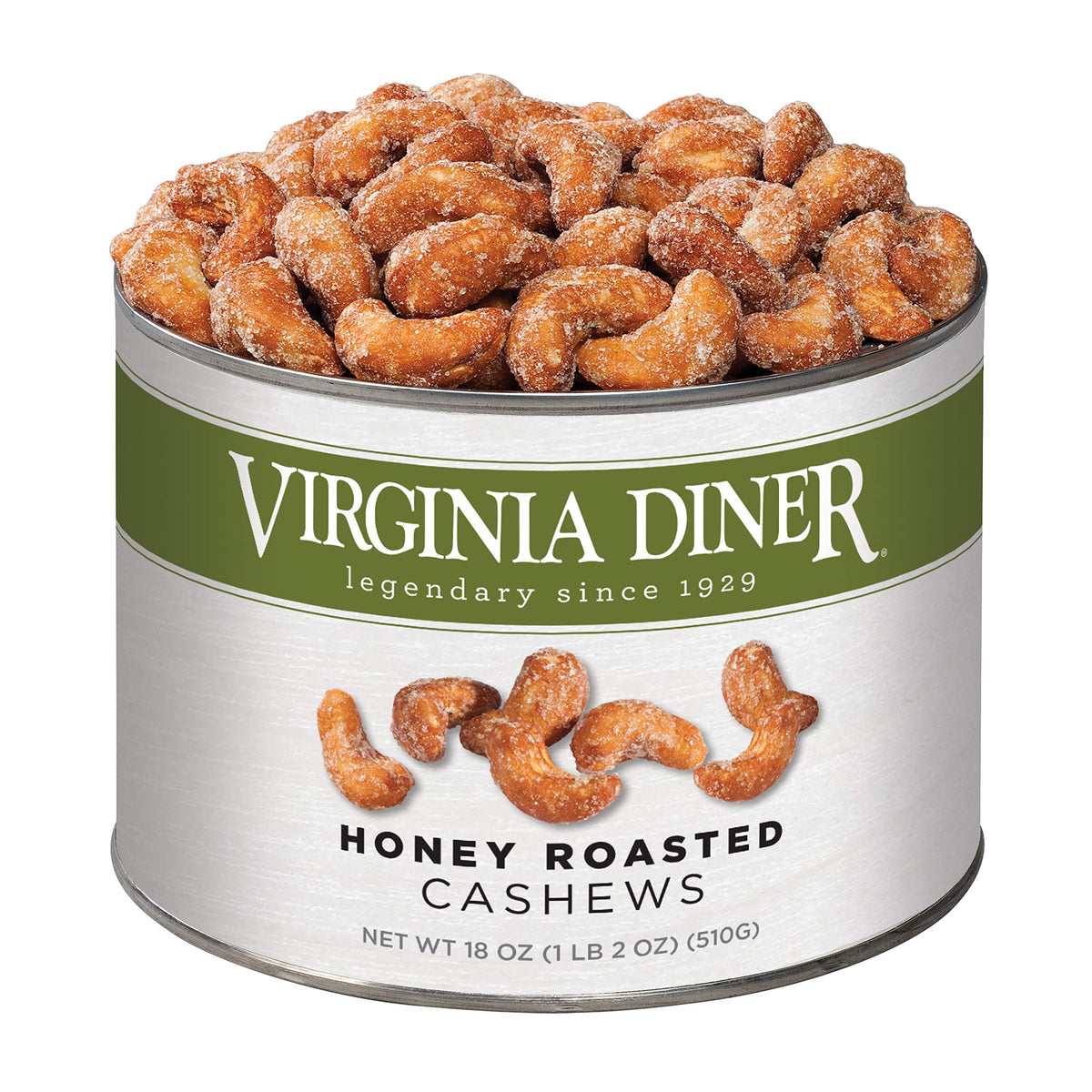 Virginia Diner Honey Roasted Cashews gift tin, premium snack for celebrations.