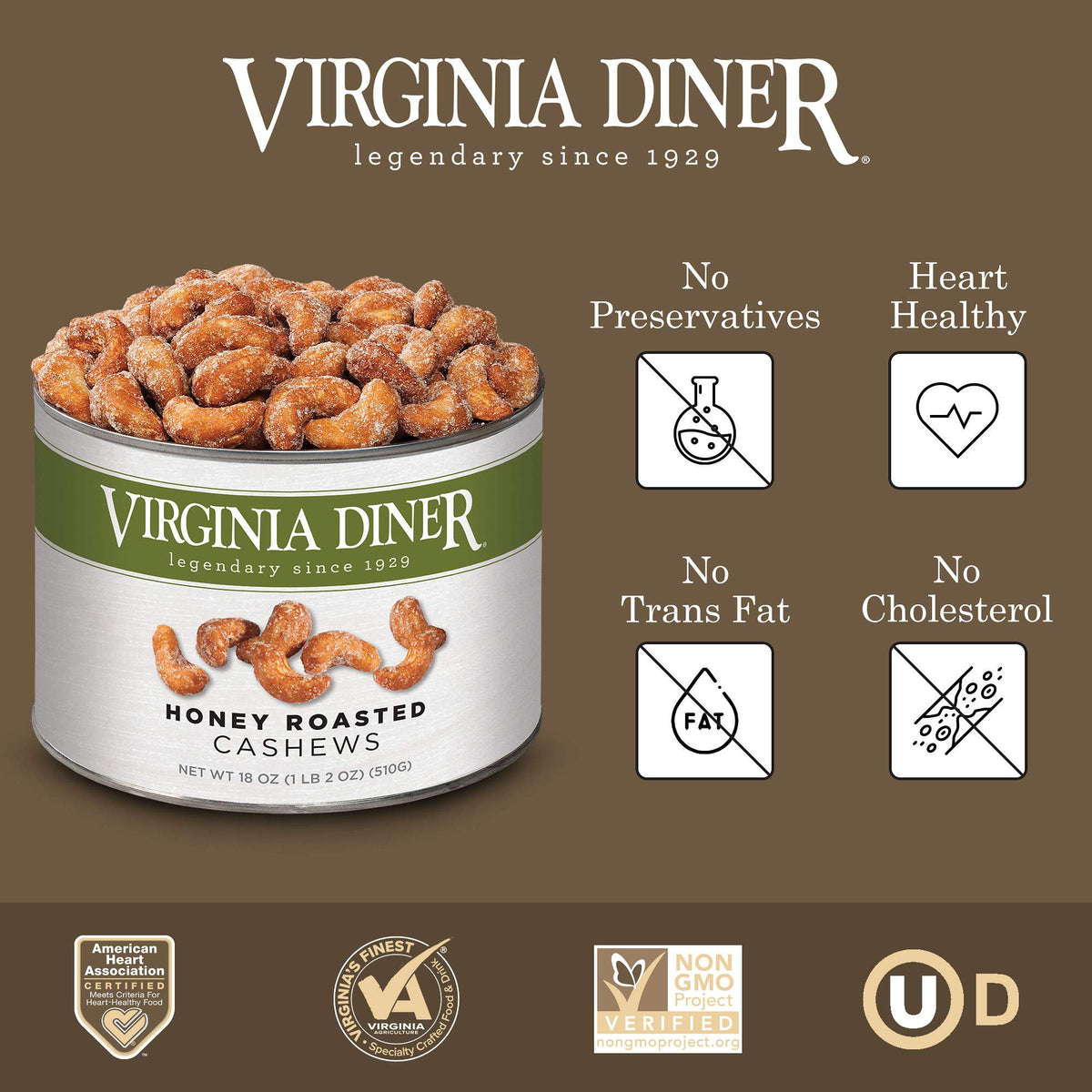 Virginia Diner cashews with golden honey glaze, ideal for office breaks.
