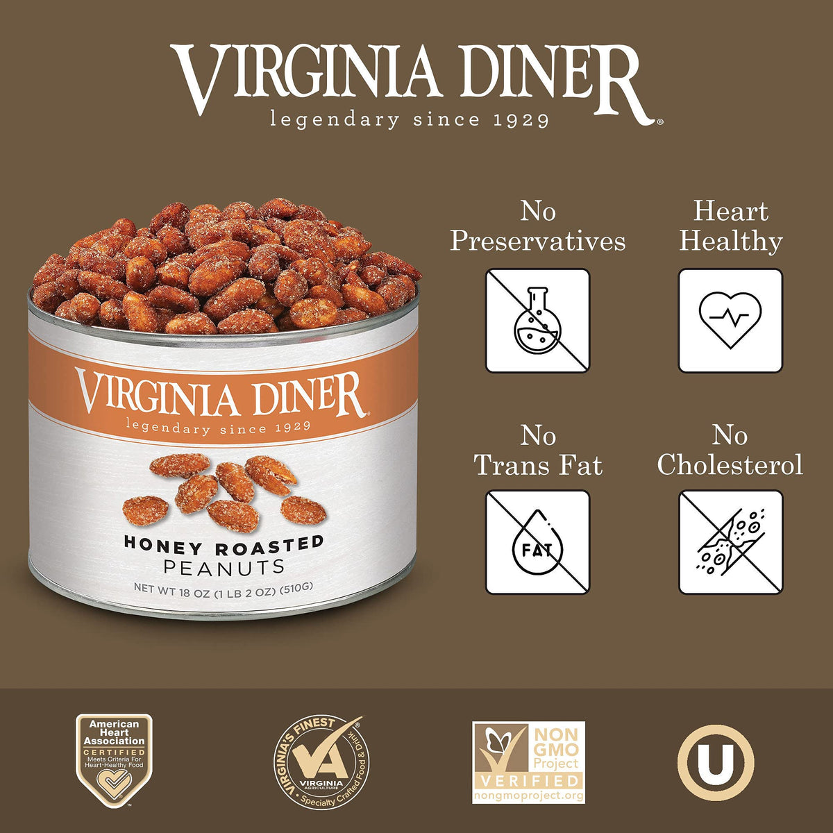 Virginia Diner Honey Roasted Peanuts ready-to-snack in a tin for home or office.