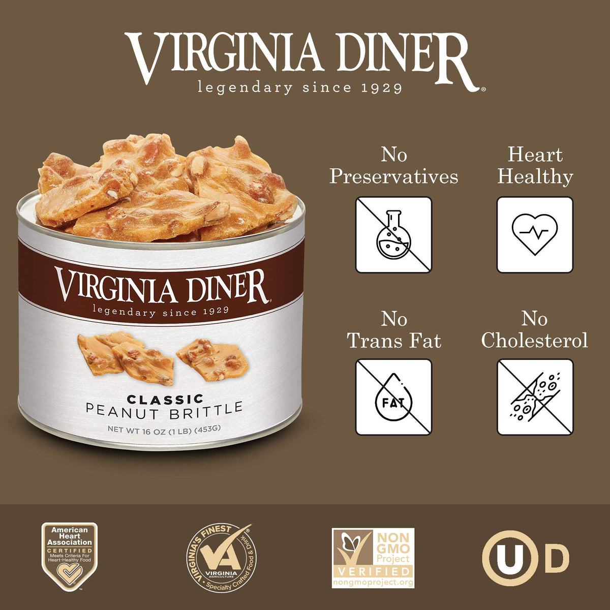 Virginia Diner peanut brittle tin packaging demonstrates ready-to-gift presentation