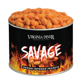 Virginia Diner Savage Flaming Hot Peanuts blister-roasted tin, bold party snack.